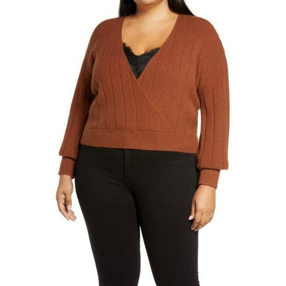Leith Faux Wrap Pullover Ribbed Sweater Long Sleeve V-Neck Brown Size 3X